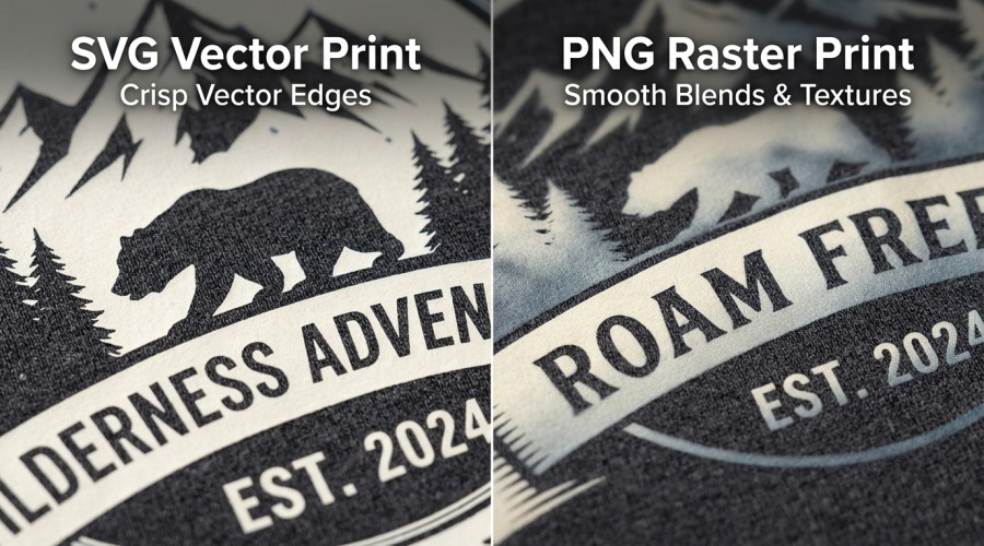 Print quality comparison SVG versus PNG t-shirt design on Printify DTG printing