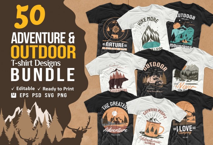 50 Adventure, outdoor, hiking t-shirt designs bundle