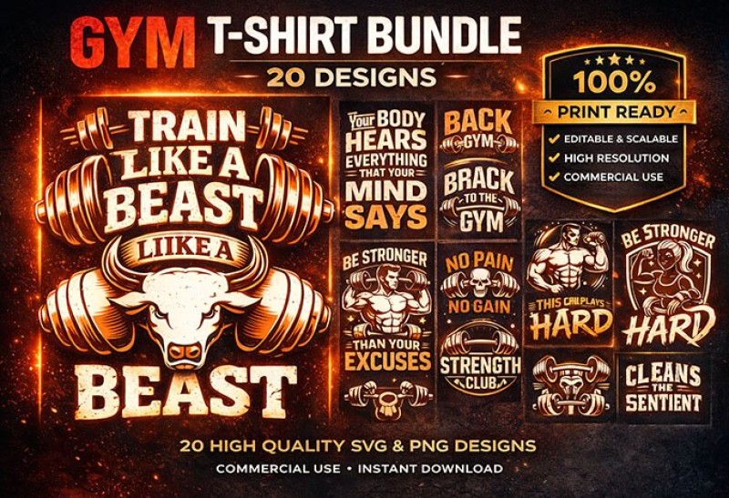 Gym T-Shirt Design Bundle – 20 Fitness SVG PNG Designs | Workout Quotes | Print Ready Commercial Use