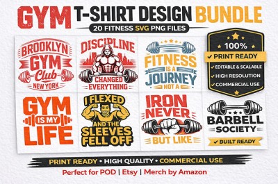 Gym T-Shirt Design Bundle 20 SVG PNG | Fitness Workout Graphic Pack
