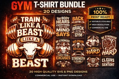 Gym T-Shirt Design Bundle – 20 Fitness SVG PNG Designs | Workout Quotes | Print Ready Commercial Use